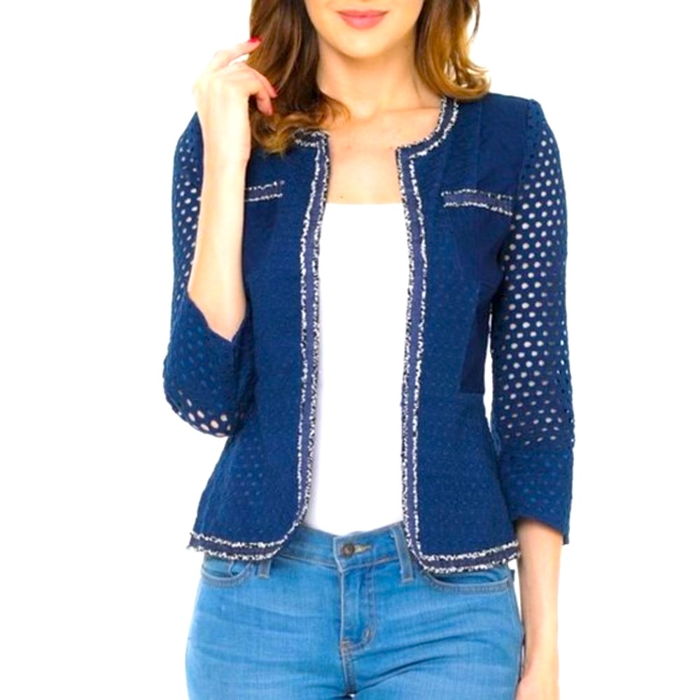 VIRGIN ONLY S Lady Navy Chic Open Eyelet Front Metallic Silver Trim Waist Blazer